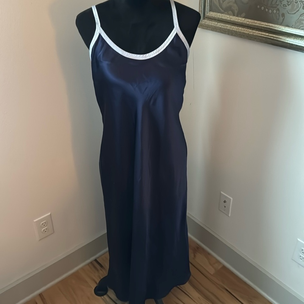 HALSTON dark blue silver gray crossed straps chemise camisole Sz L